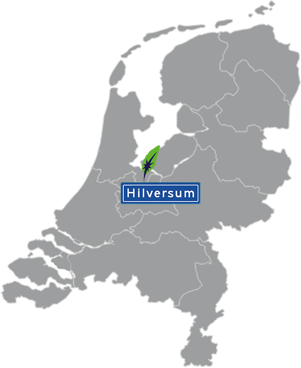 Maatwerk taaltraining in Hilversum - Bereik uw doel met Dagnall Talen Landkaart Nederland grijs - locatie Dagnall Taleninstituut in Hilversum - aangegeven met blauw plaatsnaambord met witte letters en Dagnall veer - op transparante achtergrond - 600 * 733 pixels